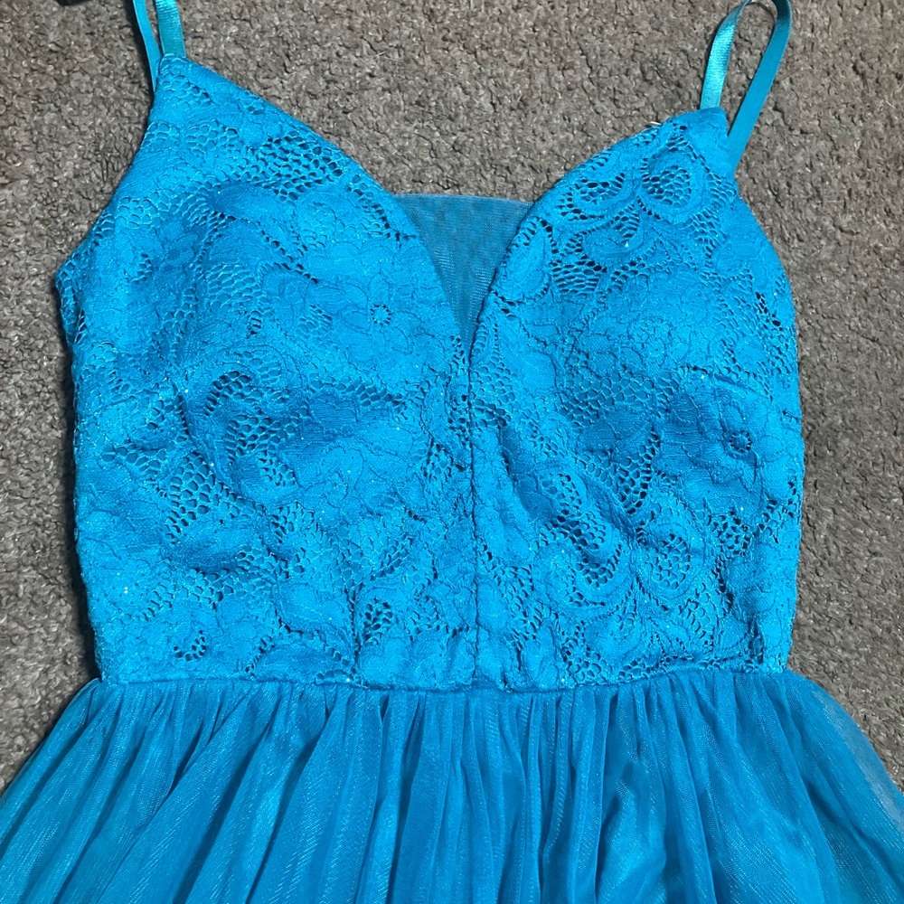 Blue Lace Prom Dress with Spaghetti Straps